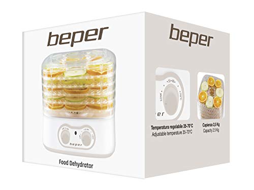 Beper - Secadora de Alimentos para Frutas, Verduras y Hierbas Aromáticas, 5 Bandejas Transparentes, 35°C - 70°C, 250 W, Blanco