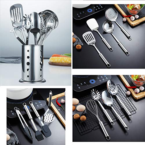 Berglander Utensilio de cocina de acero inoxidable de 12 piezas con 1 soporte, cuchara de cocina, utensilios de cocina Utensilio de cocina con soporte. (13 piezas)