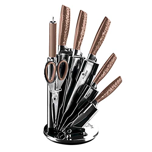 BERLINGER HAUS - Juego de 8 cuchillos con soporte de acrílico, acero inoxidable 3CR13, colección oro rosa