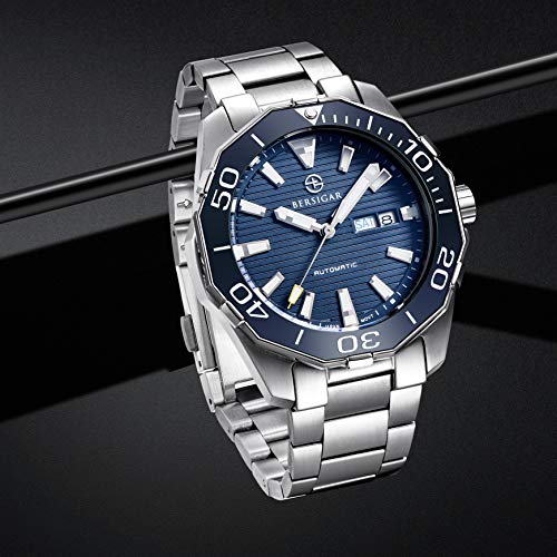 BERSIGAR BG-1617 Relojes automáticos de los Mejores Hombres - Reloj de Negocios Informal con Esfera Azul Impermeable para Hombres de Acero Inoxidable