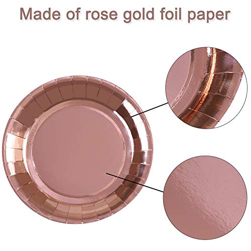 BESLIME Rose Gold Party Supplies Party Tableware Rose Gold Paper Plates Foil Paper Plates Napkins Cups Straws for Weddings, Anniversary, Birthday , 49 Pieces