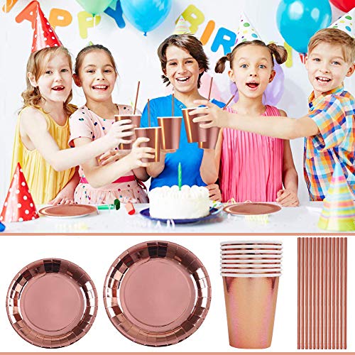 BESLIME Rose Gold Party Supplies Party Tableware Rose Gold Paper Plates Foil Paper Plates Napkins Cups Straws for Weddings, Anniversary, Birthday , 49 Pieces