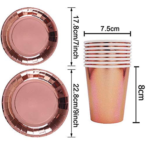 BESLIME Rose Gold Party Supplies Party Tableware Rose Gold Paper Plates Foil Paper Plates Napkins Cups Straws for Weddings, Anniversary, Birthday , 49 Pieces