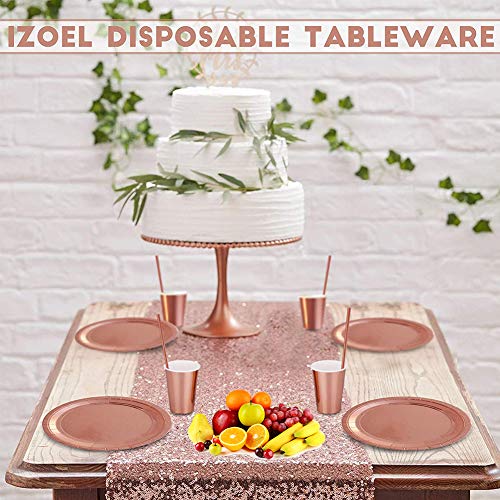 BESLIME Rose Gold Party Supplies Party Tableware Rose Gold Paper Plates Foil Paper Plates Napkins Cups Straws for Weddings, Anniversary, Birthday , 49 Pieces