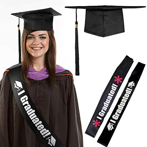 BESLIME Sombrero De Graduacion, 2Pcs Faja De Graduación, para Ceremonia Graduación Universitaria, Negro, Unisex, Tamaño Ajustable Sombrero Graduacion con Borla Negro