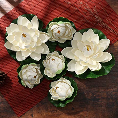 BESPORTBLE Flores Artificiales White Lotus Simulation Floating Pond Lotus para la decoración de Interiores al Aire Libre Decoración Adornos, 6PCS, 17cm + 10cm