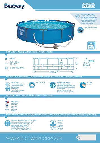 Bestway 56416 - Piscina Desmontable Tubular Steel Pro Max 366x76 cm Depuradora de Cartucho 1.249 litros/hora