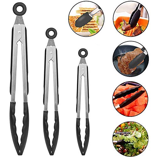 BEYAOBN Juego Pinzas de Cocina, Pinzas de Cocina de Acero Inoxidable de 7", 9" y 12"con cepillos de Silicona Grado alimenticio, para cocinar Barbacoa, Ensalada, Hielo, Horno (Negro)