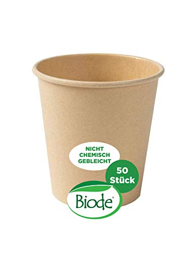 Biode - 50 vasos de papel, agua no blanqueada químicamente, 180 ml, revestimiento de PLA certificados, vasos de papel, vasos biodegradables compostables, desechables