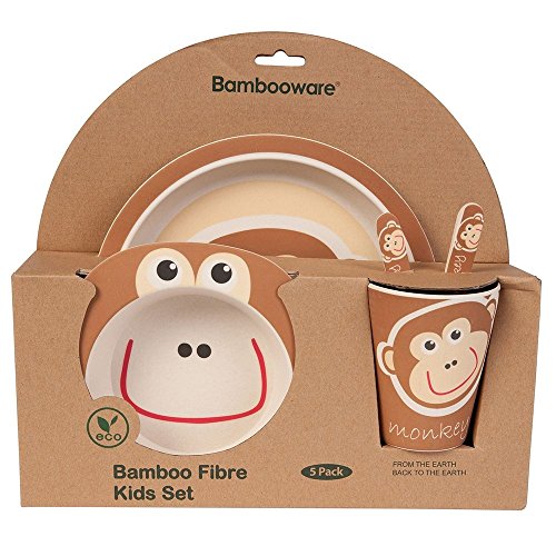 BIOZOYG Set vajilla Infantil de bambú sin bpa 5 Piezas I Motivo Mono I Servicio de Mesa cubertería para niños Tazón Vaso de Beber Plato para niños I Reciclaje de Material Natural