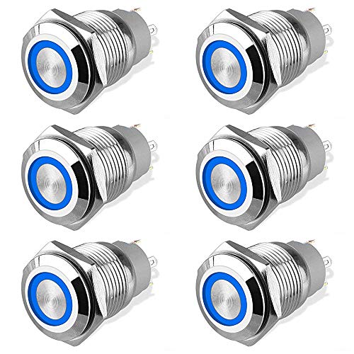 Bkinsety 6 piezas Interruptor de Botón de Bloqueo de Metal 19 mm 12V/24V 4 pines SPDT con LED Azul para Barco RV Truck Boat