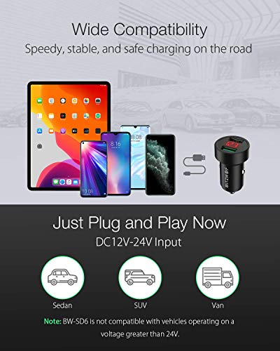 BlitzWolf Cargador de Coche, 24W QC3.0 QC2.0 Cargador Coche Carga Rápida Doble USB 12V/24V con Pantalla de Voltaje para iPhone 11 Pro XS MAX 8 7, Galaxy S9, Huawei y etc.(Negro)