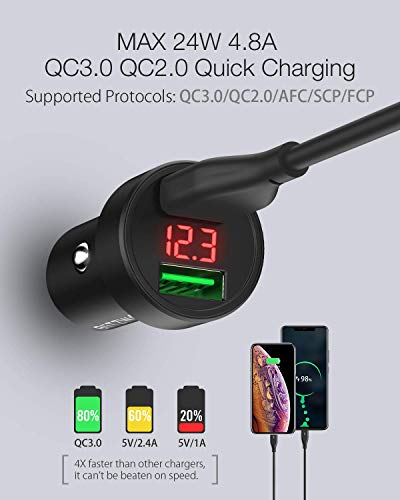 BlitzWolf Cargador de Coche, 24W QC3.0 QC2.0 Cargador Coche Carga Rápida Doble USB 12V/24V con Pantalla de Voltaje para iPhone 11 Pro XS MAX 8 7, Galaxy S9, Huawei y etc.(Negro)