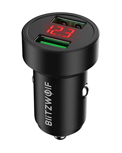 BlitzWolf Cargador de Coche, 24W QC3.0 QC2.0 Cargador Coche Carga Rápida Doble USB 12V/24V con Pantalla de Voltaje para iPhone 11 Pro XS MAX 8 7, Galaxy S9, Huawei y etc.(Negro)