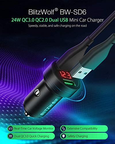 BlitzWolf Cargador de Coche, 24W QC3.0 QC2.0 Cargador Coche Carga Rápida Doble USB 12V/24V con Pantalla de Voltaje para iPhone 11 Pro XS MAX 8 7, Galaxy S9, Huawei y etc.(Negro)