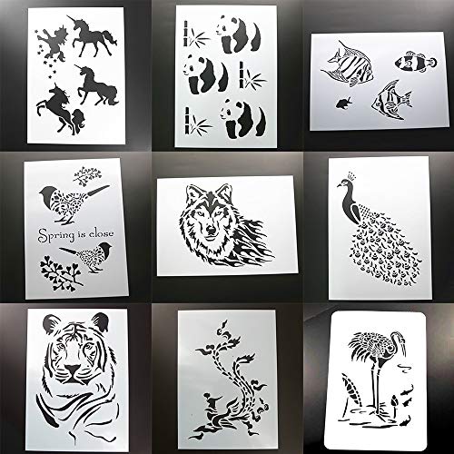 BLUGUL 9pcs A4 Plantillas de Dibujo, para Manualidades Decoración Pared Mueble Ventana Aerógrafo, Unicornio Fénix Tigre Pavo Real Lobo Pájaro Pez Tropical Panda