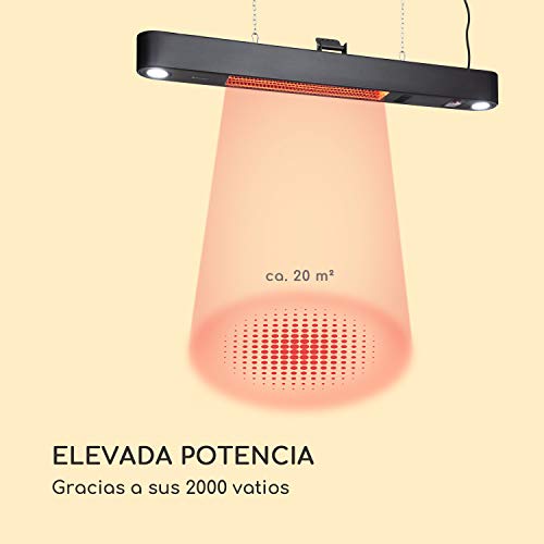 blumfeldt Gold Bar Shine Calefactor por Infrarrojos - 2000 W, para Exteriores, 2 Luces LED incorporadas, Certificado IP34, Montaje en Pared o Techo, Negro