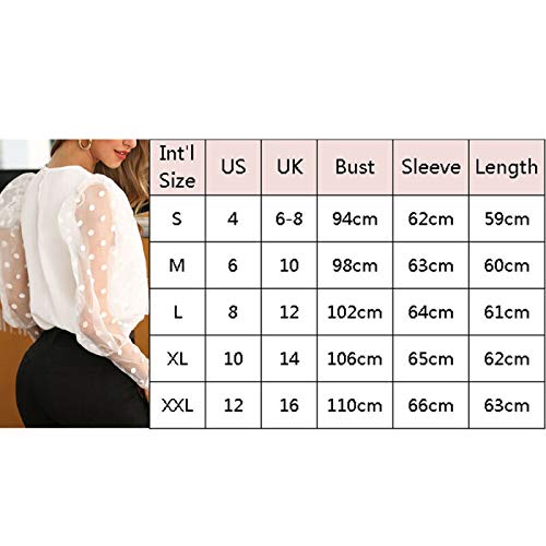 Blusa Manga Larga Transparente con Puntos para Mujer Camisa Mujer Elegante Moderna con Manga Gasa Transparente Tops Elegante con Cuello Redondo para Primavera Talla Grande (Blanco, 2XL)