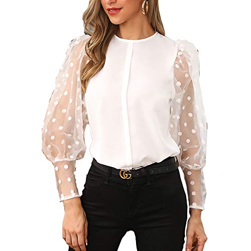 Blusa Manga Larga Transparente con Puntos para Mujer Camisa Mujer Elegante Moderna con Manga Gasa Transparente Tops Elegante con Cuello Redondo para Primavera Talla Grande (Blanco, 2XL)