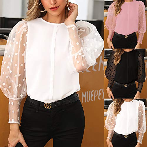 Blusa Manga Larga Transparente con Puntos para Mujer Camisa Mujer Elegante Moderna con Manga Gasa Transparente Tops Elegante con Cuello Redondo para Primavera Talla Grande (Blanco, 2XL)