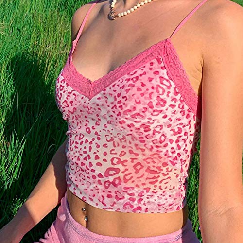 Blusas Rosa Leopard Print Sexy Spaghetti Strap Top Mujeres Verano Y2K Backless Encaje Cami Tops Señoras Sudor 90S Crop Tees 2020