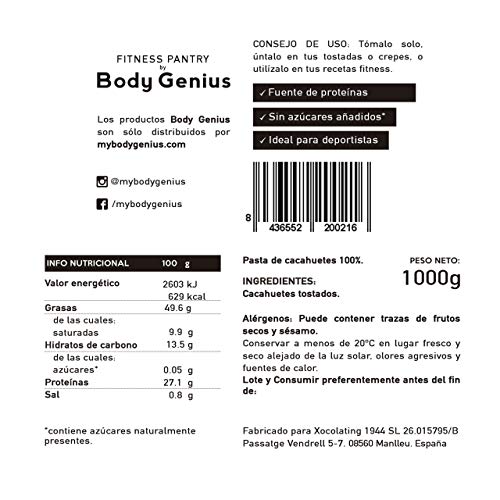 BODY GENIUS Dúo Crema de Cacahuete Suave. 2x1000g. Natural, Sin Azúcar y Sin Aceite de Palma. 100% Cacahuete Sin Añadidos. Hecho en España.