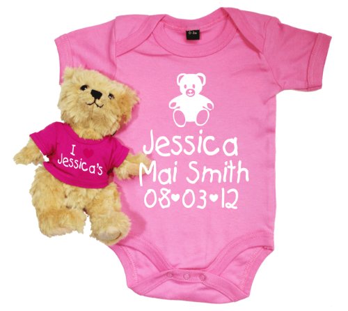 Body rosa de chicle personalizado con nombre y fecha de nacimiento y oso de peluche con texto en inglés"I Love *Childs Name* Impreso en purpurina blanca (por favor lea detalles técnicos)