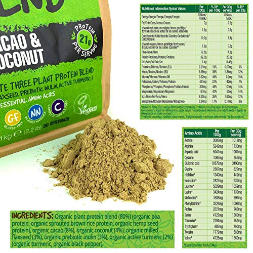 BodyMe Mezcla de Proteina Vegana Organica en Polvo | Crudo Cacao Coco | 1kg | Sin Edulcorante | Baja Carb | Sin Gluten | 3 Proteinas Veganas | 21g Proteina Vegetal Completa | Aminoacidos Esenciales