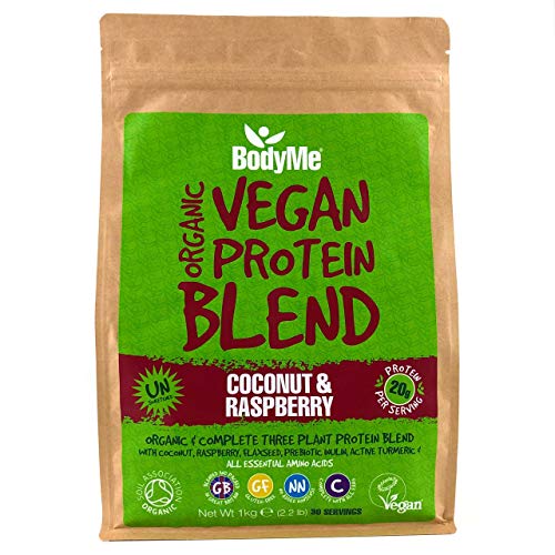 BodyMe Mezcla de Proteina Vegana Organica en Polvo | Crudo Coco Frambuesa | 1kg | Sin Edulcorante | Baja Carb | Sin Gluten | 3 Proteinas Veganas | 20g Proteina Vegetal Completa Aminoacidos Esenciales