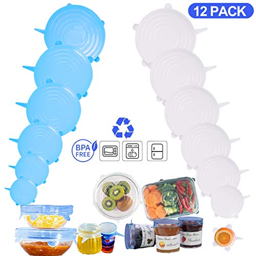 BOJLY 12PCS Tapas de Silicona para Alimentos, Tapas de Silicona Elásticas Ajustables Reutilizables Universales, 6 Varios Tamaños de Fundas Soporte -40~300℃ para Microondas, Horno, Nevera, Lavaplatos