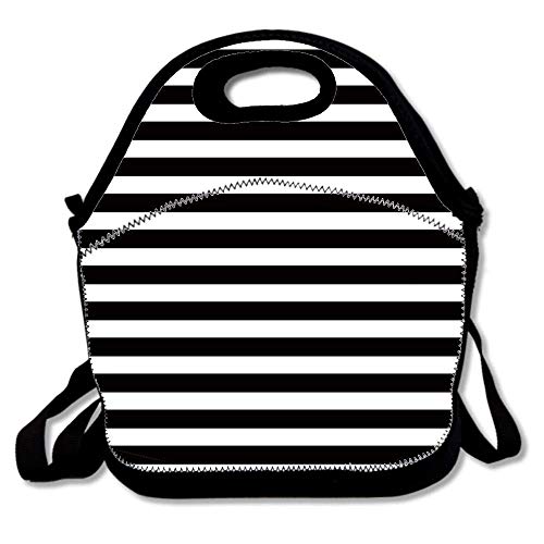 Bolsa de almuerzo de rayas horizontales clásicas en blanco y negro moderna Bolsa de almuerzo de neopreno Tote Cooler Bolsa cálida para la oficina de la escuela de viaje