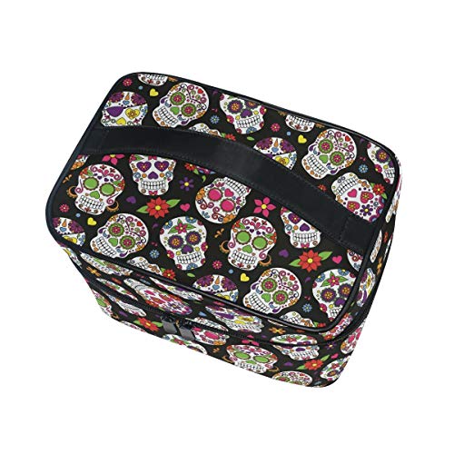 Bolsa de maquillaje, diseño de calavera de azúcar, para guardar cosméticos, neceser grande con asa de viaje, bolsa personalizada con compartimentos para adolescentes y mujeres