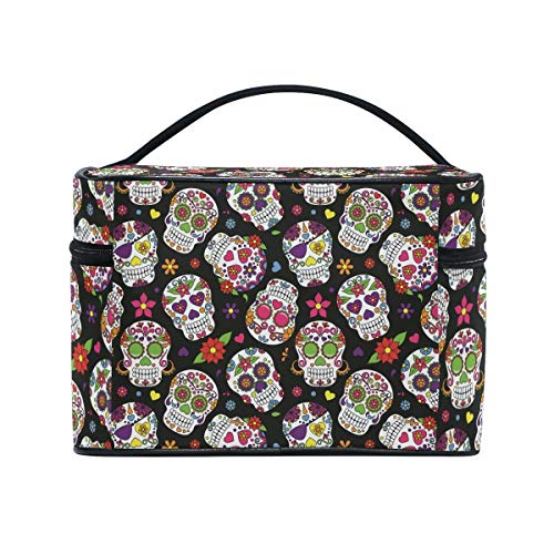 Bolsa de maquillaje, diseño de calavera de azúcar, para guardar cosméticos, neceser grande con asa de viaje, bolsa personalizada con compartimentos para adolescentes y mujeres