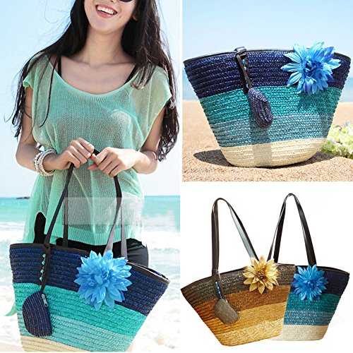 Bolsa de Playa Colorida, Bolsos para Mujer, Bolsa de Playa de Verano, Bolsas de Paja para las Mujeres, Bolsa de Almacenamiento en el Hogar, Bolsa Tejida paja de paja de Trigo (B)