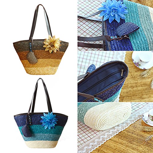 Bolsa de Playa Colorida, Bolsos para Mujer, Bolsa de Playa de Verano, Bolsas de Paja para las Mujeres, Bolsa de Almacenamiento en el Hogar, Bolsa Tejida paja de paja de Trigo (B)