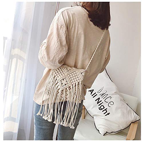 Bolso Bandolera Tejido de Paja con Borlas, Ganchillo Verano Trenzado Bolso Playa de Cuerda de Algodón para Mujer, Moda Estilo Bohemio Trenzada a Mano Hilo Macrame Bolsas de Mensajero