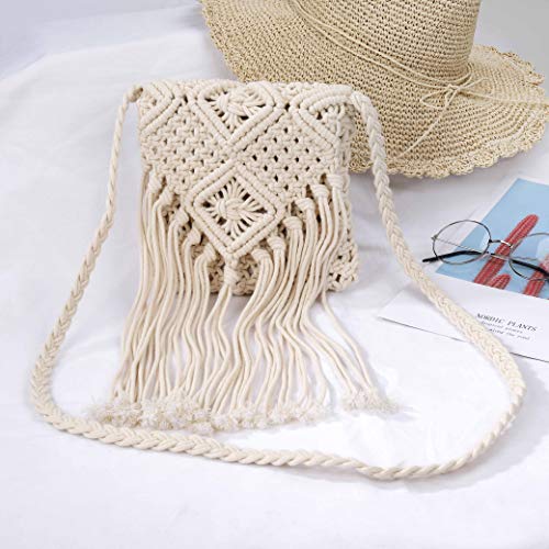 Bolso Bandolera Tejido de Paja con Borlas, Ganchillo Verano Trenzado Bolso Playa de Cuerda de Algodón para Mujer, Moda Estilo Bohemio Trenzada a Mano Hilo Macrame Bolsas de Mensajero