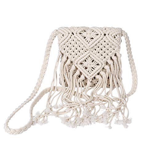 Bolso Bandolera Tejido de Paja con Borlas, Ganchillo Verano Trenzado Bolso Playa de Cuerda de Algodón para Mujer, Moda Estilo Bohemio Trenzada a Mano Hilo Macrame Bolsas de Mensajero