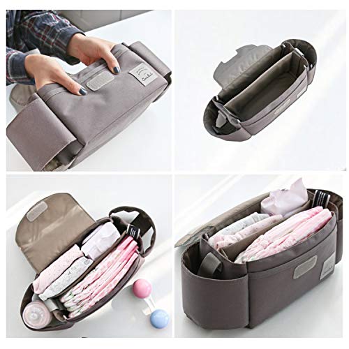 Bolso Carro Bebé, Organizador de Cochecito de Niño, Multifuncional Bolsa de Para Silla de Paseo Para Guardar Artículos de Viaje Para Bebés y Teléfonos Móviles, Billeteras, Portavasos (Gris)