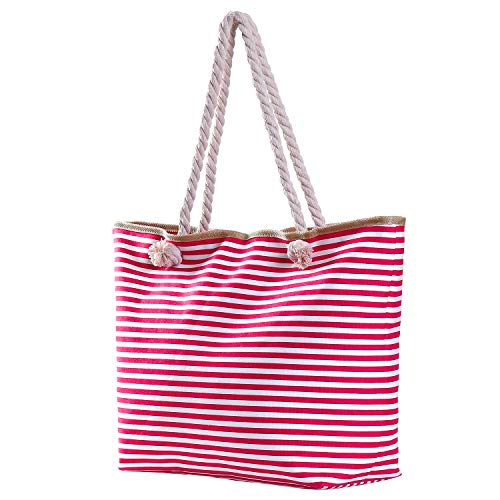 Bolso de Playa Grande con Cremallera Bolso de Hombro a Rayas Fucsia y Blanco