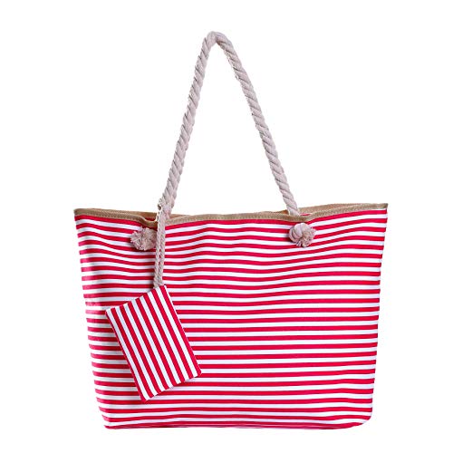 Bolso de Playa Grande con Cremallera Bolso de Hombro a Rayas Fucsia y Blanco