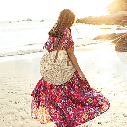 Bolso Redondo de la Paja Mujeres Bolsos de Bandolera Verano Crossbody Totes de Playa Ratán Tejidas a Mano Para Estilo Boho Para Viajes, Fechas y Vacaciones