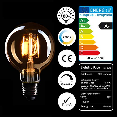 Bombilla Edison Crown LED base E27 | Regulable, 4W, 2200 K, luz cálida, EL05 | EL GLOBO GIGANTE | Etiqueta Energética de la Unión Europea: A+