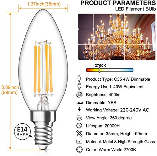 Bonlux 4W E14 Regulable Led Bombilla Vela de Filamento, Bombilla Led Edison Vintage con Casquillo Fino, 4W equivalente a 35-40W, 400 lúmenes, Blanco Cálido 2700K (5-Unidades)