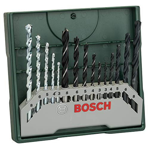 Bosch Mini X-Line - Set de 15 brocas mixto, para tareas de perforación en mampostería, madera y metal