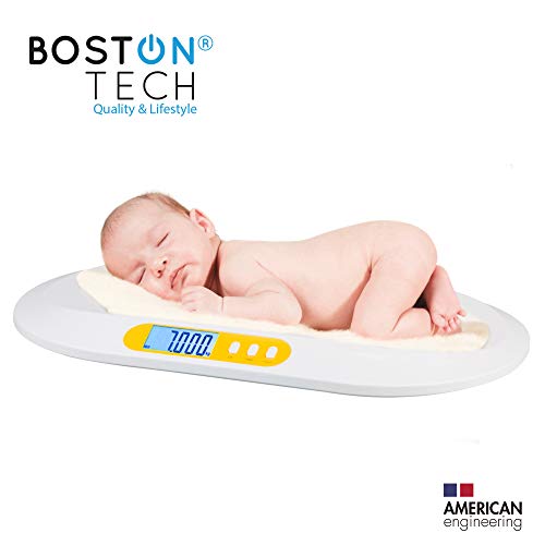 Boston Tech BA-104 - Bascula para bebés y Mascotas. Balanza digital con pantalla LCD y tallimetro con Función Tara, Ideal para calcular el peso de su bebe con capacidad de hasta 20Kg (44lb)