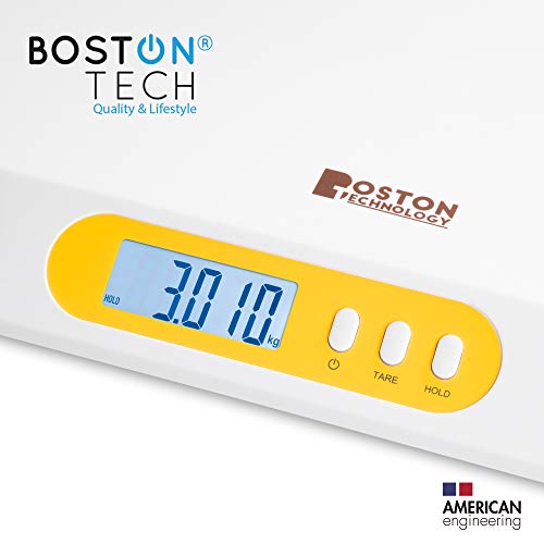 Boston Tech BA-104 - Bascula para bebés y Mascotas. Balanza digital con pantalla LCD y tallimetro con Función Tara, Ideal para calcular el peso de su bebe con capacidad de hasta 20Kg (44lb)