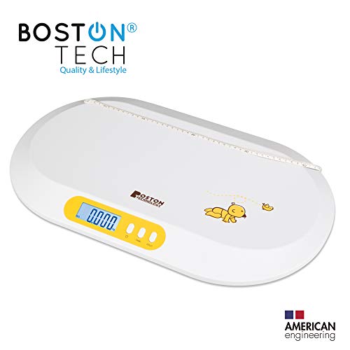 Boston Tech BA-104 - Bascula para bebés y Mascotas. Balanza digital con pantalla LCD y tallimetro con Función Tara, Ideal para calcular el peso de su bebe con capacidad de hasta 20Kg (44lb)