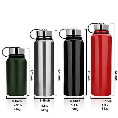 Botella de agua de acero inoxidable de 1,5 l, botella de agua deportiva sin fugas, botella de agua para correr, gimnasio, ciclismo, múltiples especificaciones, color plata, tamaño 1.5L (13x3.5 inch)