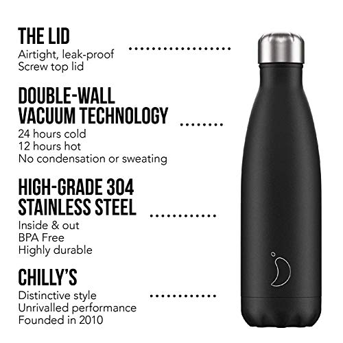 Botella De Agua De Chilly's | Acero Inoxidable y Reutilizable | Prueba de Fugas, Libre de transpiración | Negro | 750ml